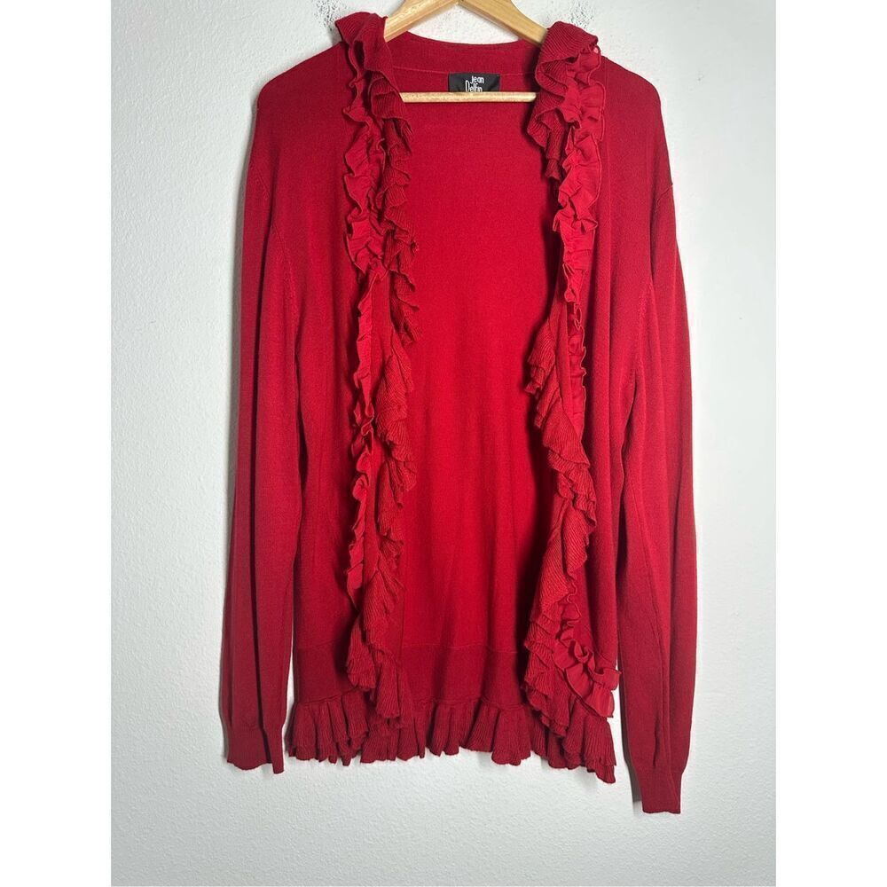 Jean Delfin Women’s Bohemian Red Rushed Trim Open Front Cardigan Sz EU T5/ XL US